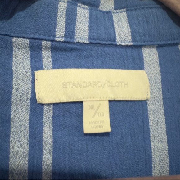 UO Standard Cloth Liam Stripe Crinkle Shirt XL Blue Casual Cotton Striped - Picture 6 of 11